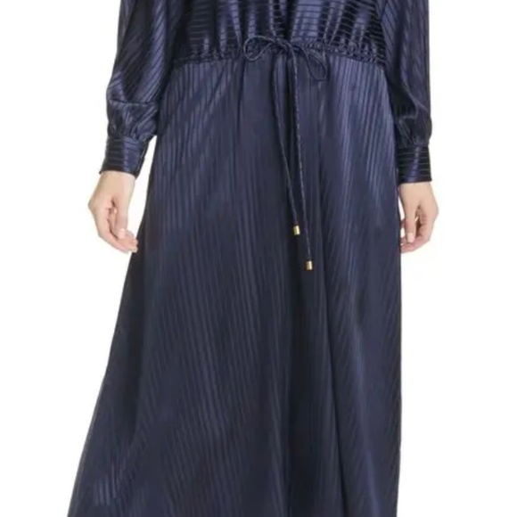 Stripe Long Sleeve Drawstring Silk Maxi Dress - Blue - Picture 4 of 4